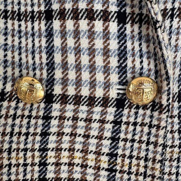 Talbots Petite Brown Ivory Blue Plaid Gold Double Breasted Blazer Size 16 Petite - Picture 4 of 15